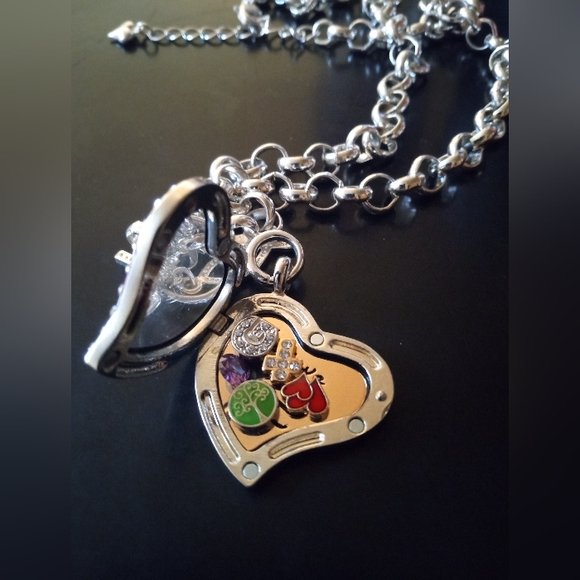 Silver Tone 12" Chain, Heart Charm Locket, Rhinestones Necklace, Believe Etched - Picture 7 of 8